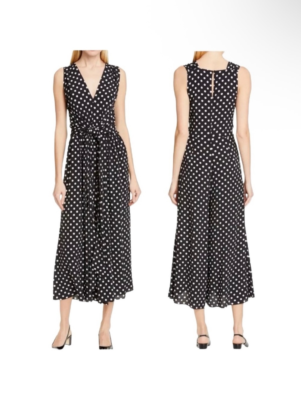 Kate Spade Lia Jumpsuit Size 4 Black White Polka Dot Tie Waist Wide Leg new NWOT